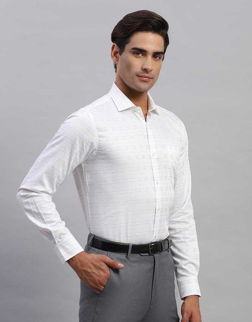 Monte Carlo Mens Self Design White Collared Neck Full Sleeve Shirt