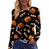 Womens Halloween Print Long Sleeve Top Round Neck Casual Pullover Shirt with Side Slit Hem Lightweight Stretchy Fabric