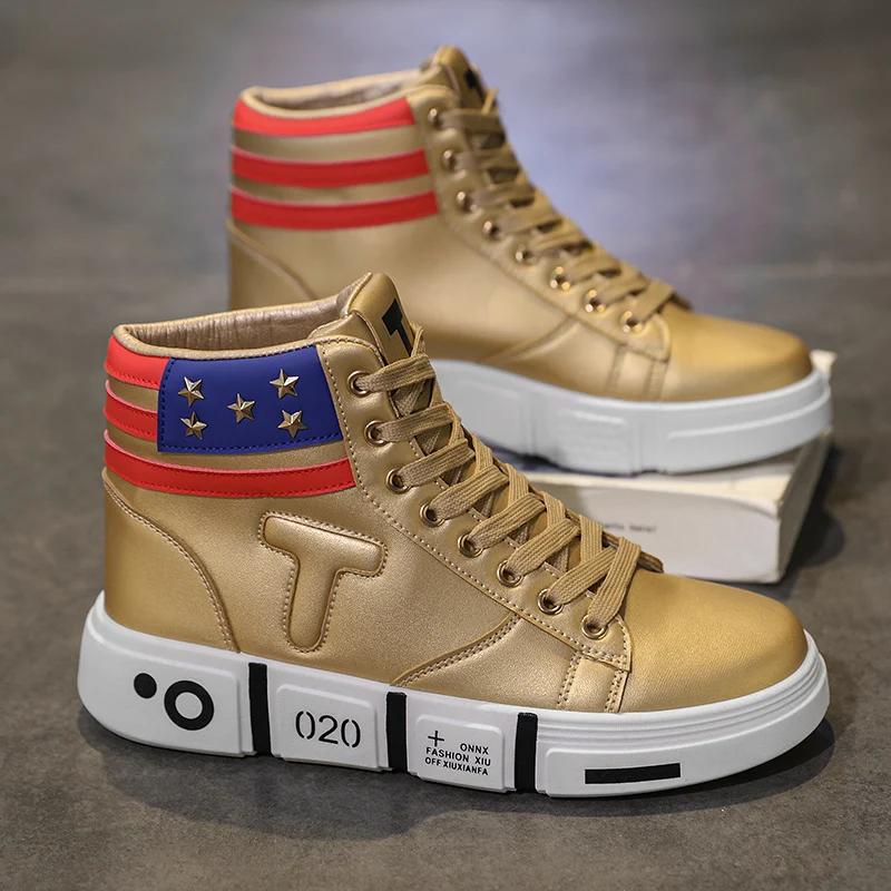 Youth High Top Sports Shoes Men New Fashionable Walking Brand High-quality Flat Skateboard Shoes Gold Casual Street Wear Running