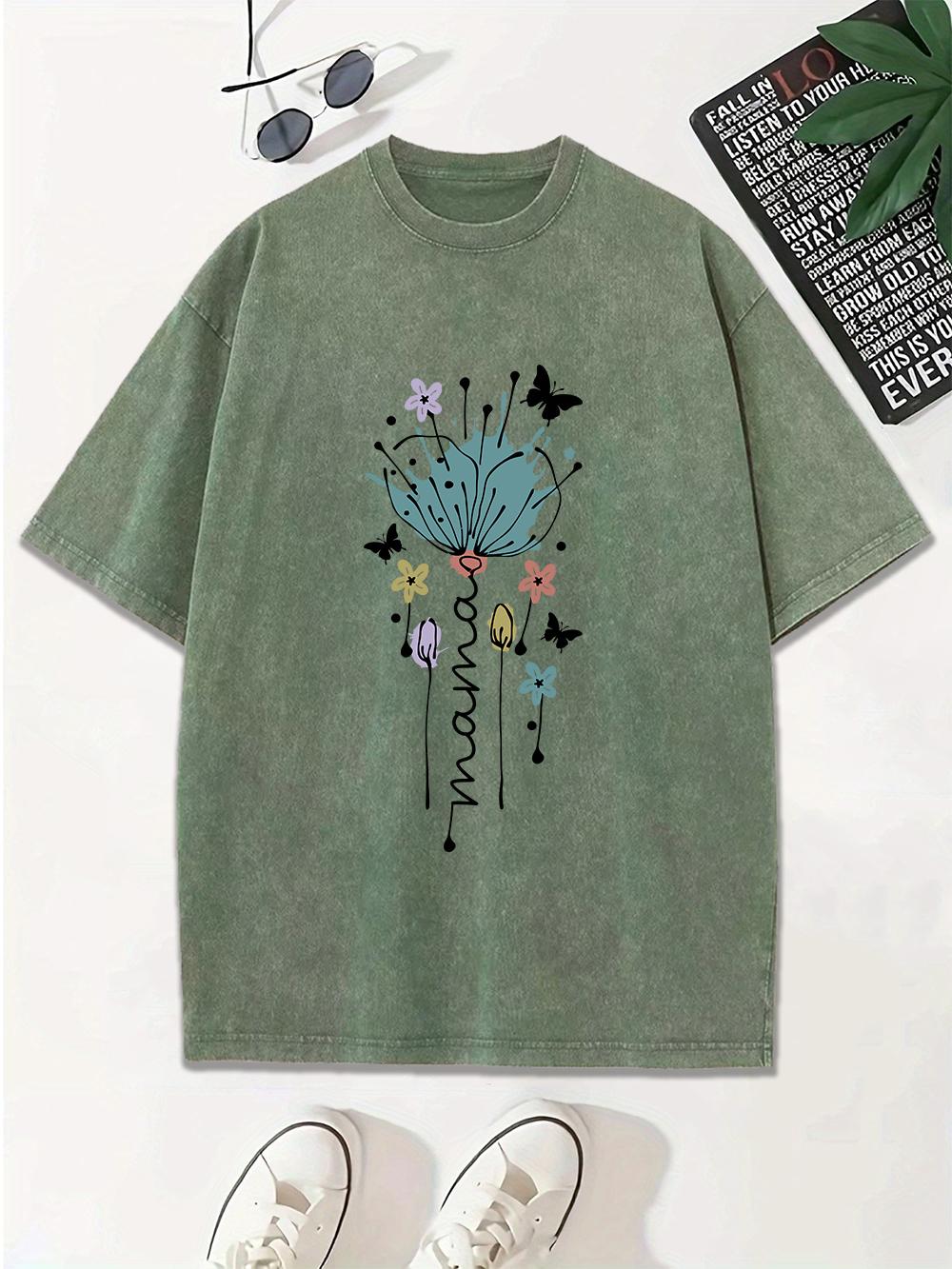 

Falling Flowers And Butterflies Prints Washed TShirt Women Cotton Oversize T Shirt Casual ONeck Distressed Tops Summer Clothes S
