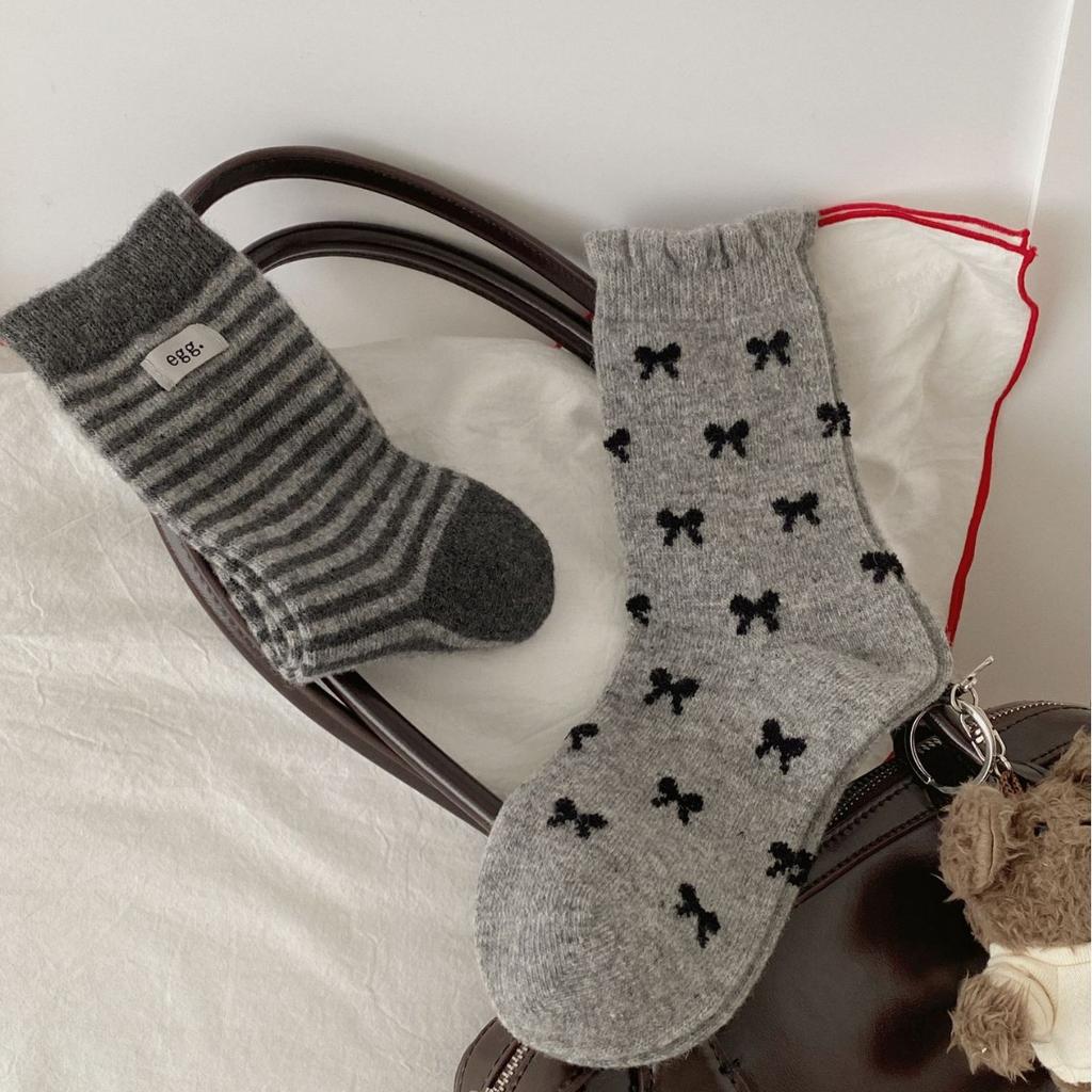 Thickened Warm Gray Bow Wool Socks Socks Korean Striped Egg Cloth Label Boneless Socks