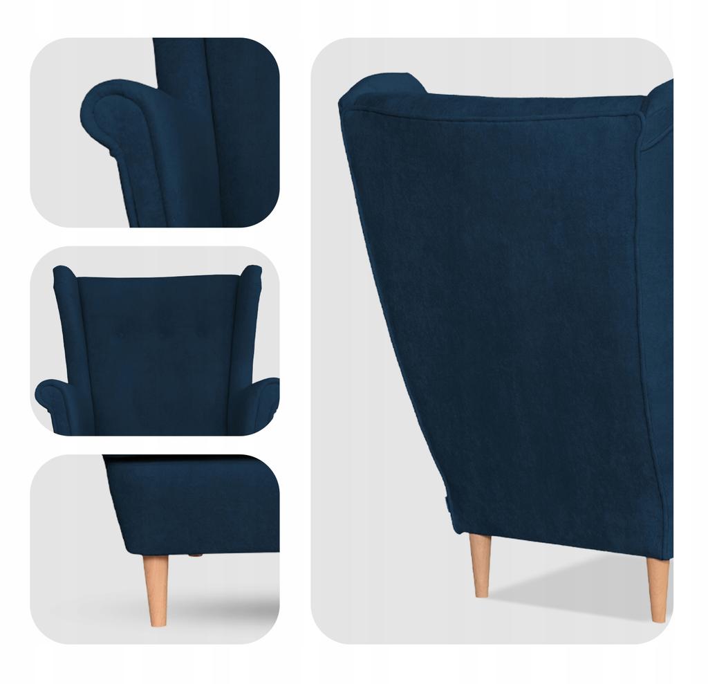 Fotel uszak z podnóżkiem skandynawski welur Hunter Family Meble granatowy