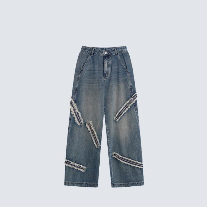 American Style Loose Straight Wide Leg Jeans Men Vintage Washed Distressed Denim Pants