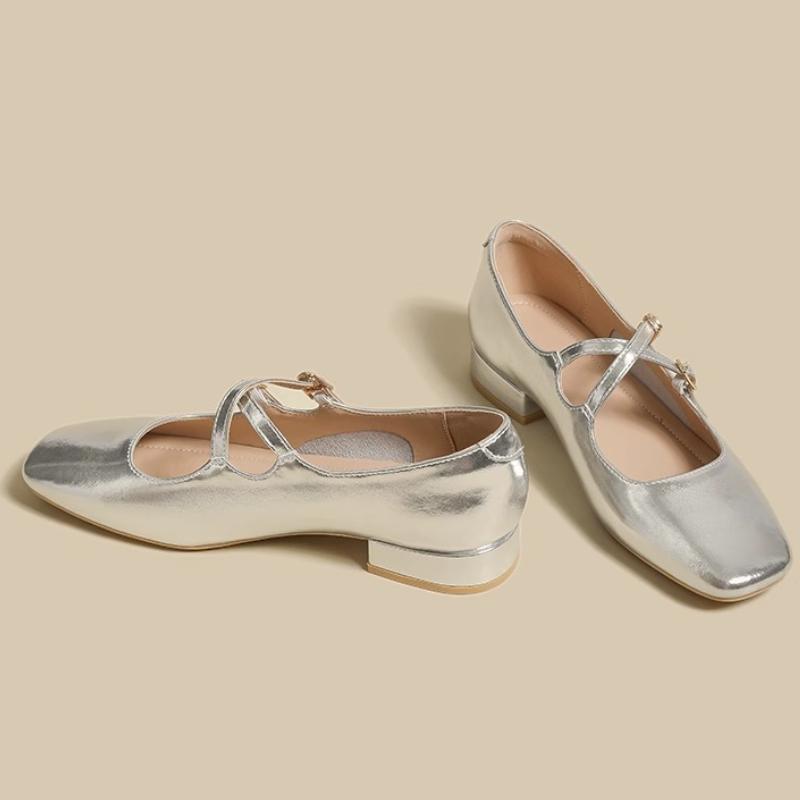 Fashion Soft  Silver Mary Jane Shoes Summer New French Shallow Mouth Retro Square Toe Flat Single-layer Shoes