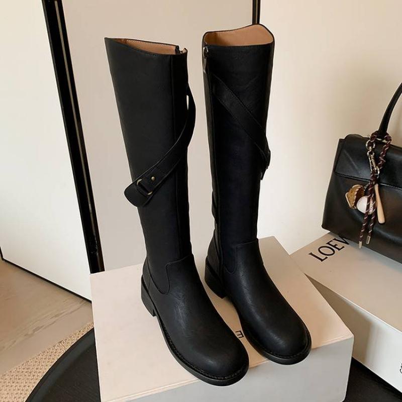 Autumn and winter medium heel large size women's boots solid color side zipper women's leather boots genuine leather Martin boots new cowhide high bo