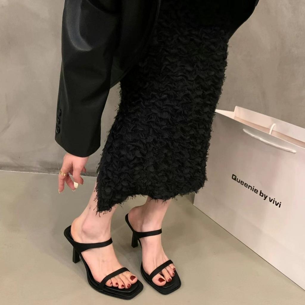 Slim heel temperament socialite black cool slippers shoes wear new summer high heels sandals
