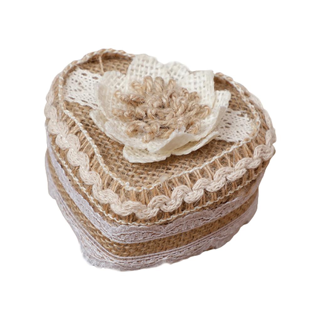 Heart-shape Linen Ring Box Jewelry Case Valentine's Day Vintage Country Wed Pastoral Ceremony Natural Ring Setting Storage Box