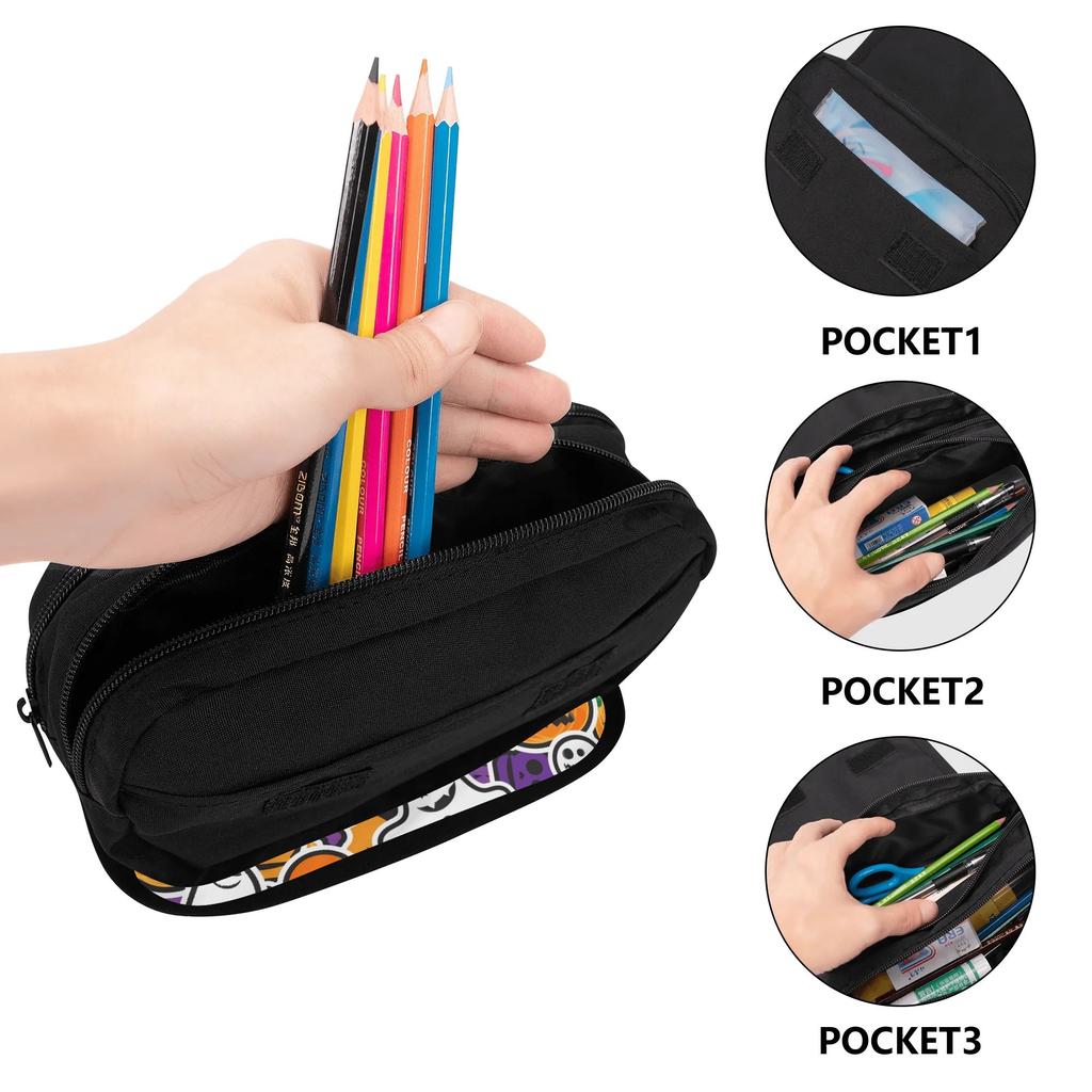 Pen Case 300D Polyester Double Zipper Double Layer with Two Compartments for Pens Ruler Scissors Earphones for Boys Girls
