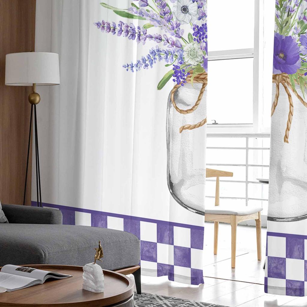Aquarell Lavendelflasche mit lila Karomuster Fenster Tüllgardinen Wohnzimmer Hotel Luxus Dekoration Transparente Gardinen