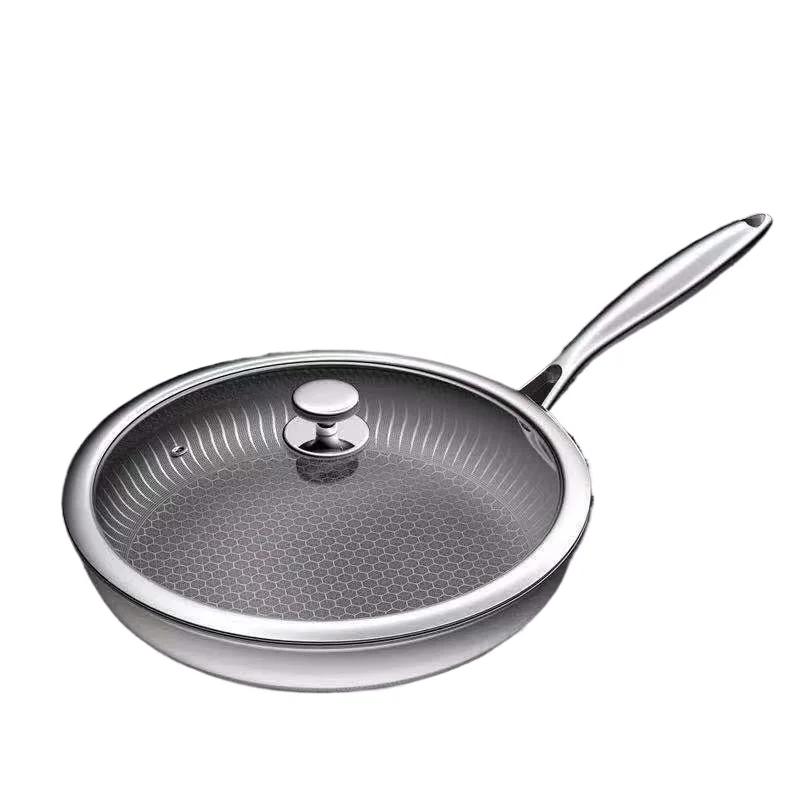 Frying Pan with Glass Lid 26/28cm Stainless Steel Honeycomb Skillet Uncoated Kitchen Cookware Induction Cooker Gas Stove Fry Pan