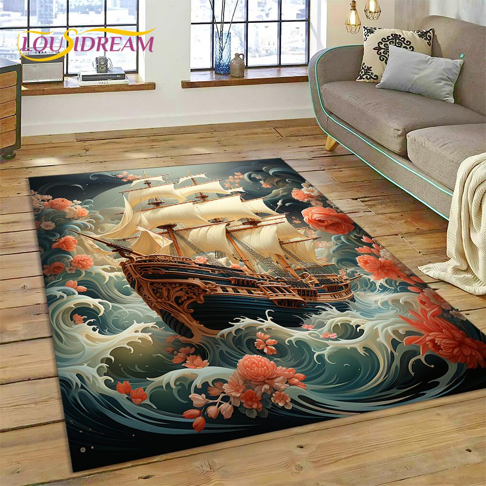 Ancient Pirate Ship Boat,Barque,Sailboa Rug Carpet for Living Room Bedroom Decor,Floor Mat Non-slip Decoration for Sofa Doormat