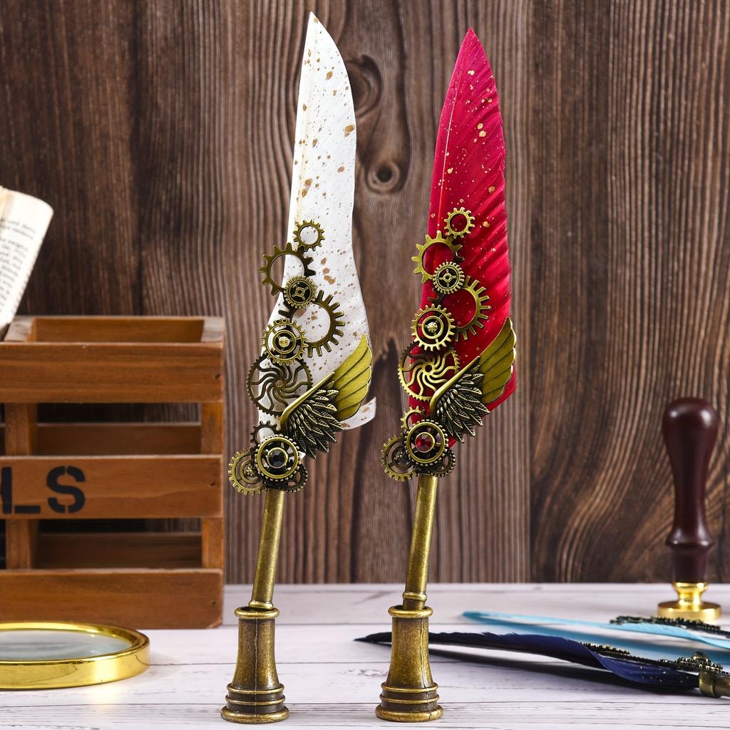 Ambidextrous Mechanical Calligraphy Pen with 5 Personalized Metal Tips, Medium Point, Round Body, Decorative European Retro Feather Quill for Beginner