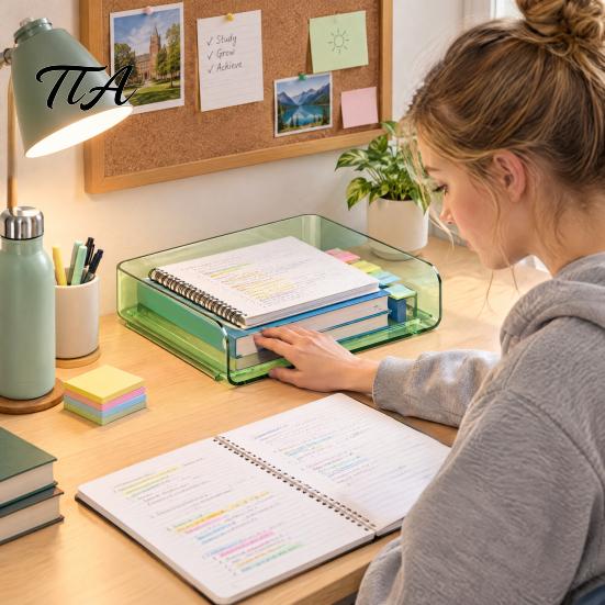 Desktop Stationery Storage Case Large Capacity Desk Organizer for Documents Files Letters A4 Paper Book Notes Mail, Clear File Sorter Stackable Tray,