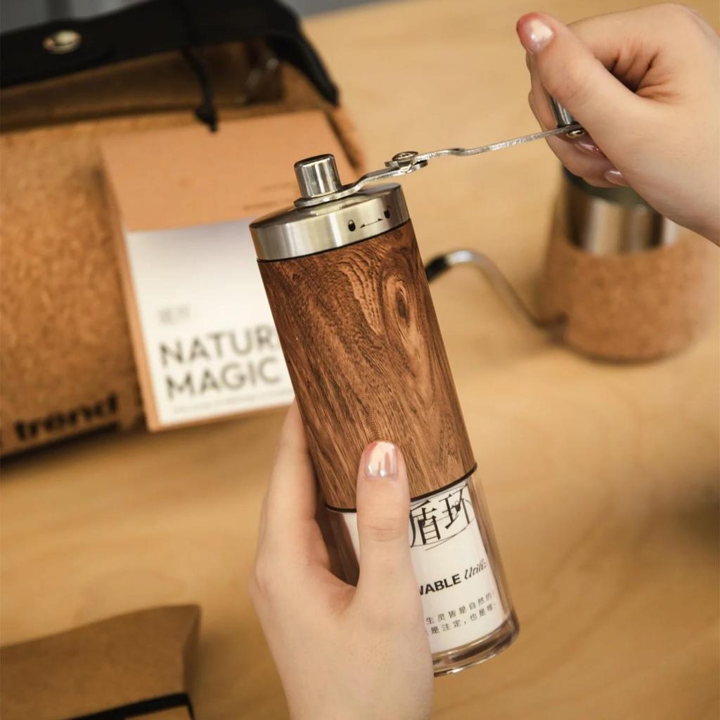 Portable Hand-cranked Coffee Grinder with 304 Stainless Steel and Wood Grain Finish