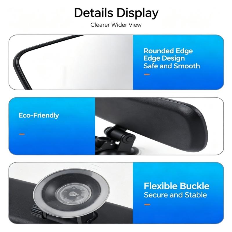 Universal Replacement Inside Car Mirror, Black Rear View Mirror with Suction Cup Mount, Adjustable Bracket, and 22 x 6 cm Mirror Panel Area Use