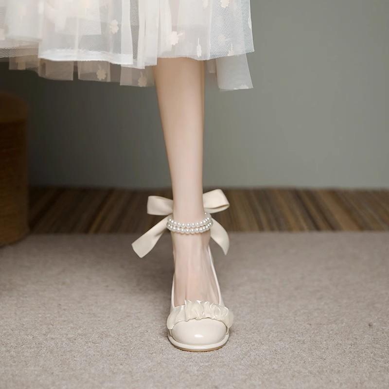 

Женские туфли Мэри Джейн на толстом каблуке с жемчугом, весна 2025 38 грязно-белый