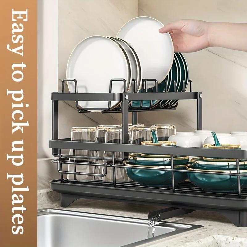 2 Tier Dish Drying Rack, Large Capacity Dish Rack With Draining Board, Double Layer Detachable Dish Storage Organizer For Dishes