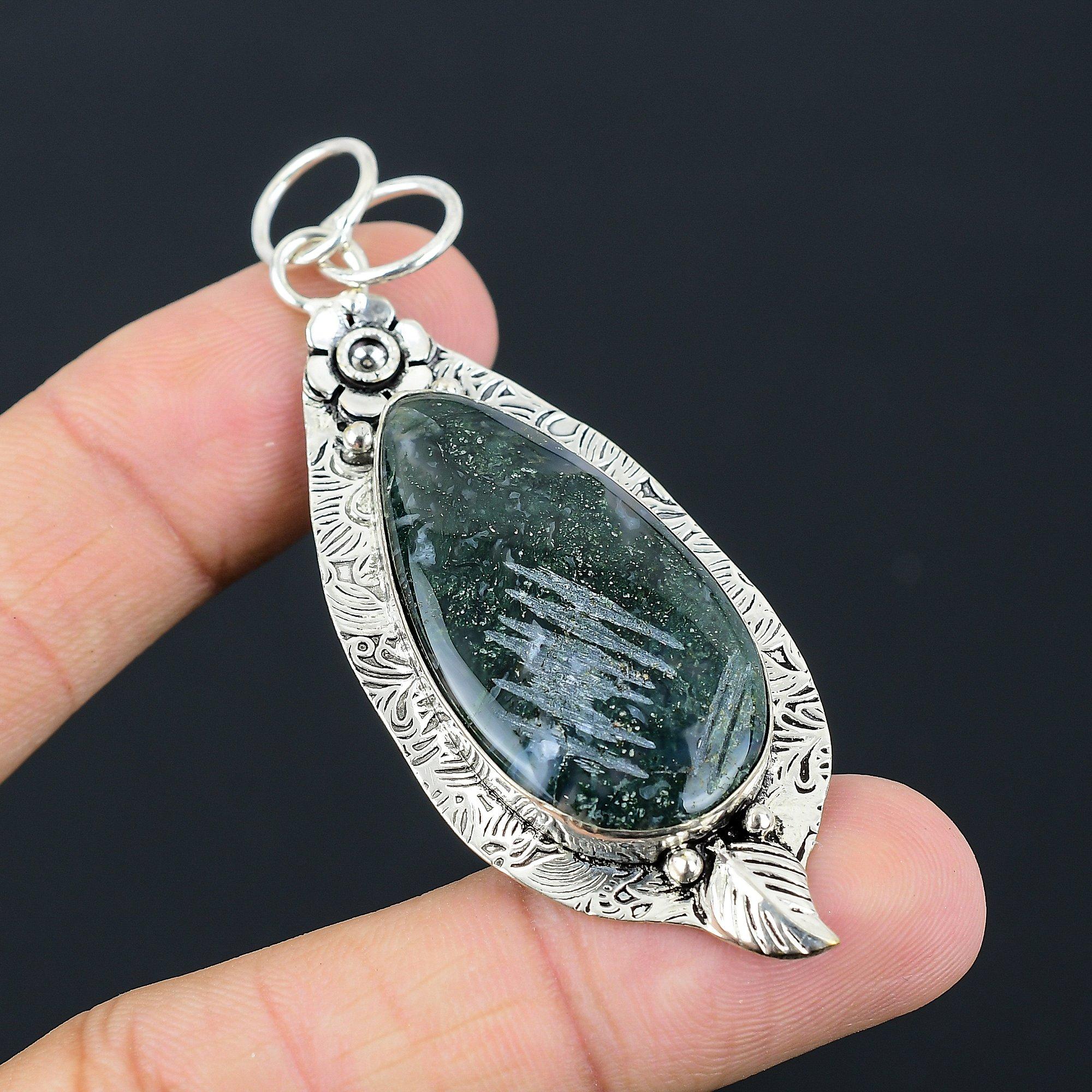 Подарок для женщин Кулон Цветок 925 пробы Серебро Натуральный Резной Солнечный Моховой Агат