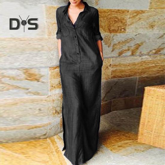 Fall Spring Women Dress Solid Color Loose Denim Turn Down Collar Long Sleeve Ankle Length Button Split Hem Plus Size Bohemian Commute Maxi Dress