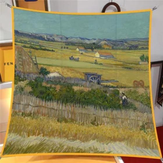 Oil Painting Four Seasons Luxury Square Silk Scarves Europe And America Fashion Bandannas New Twill Print Sunscreen Shawls