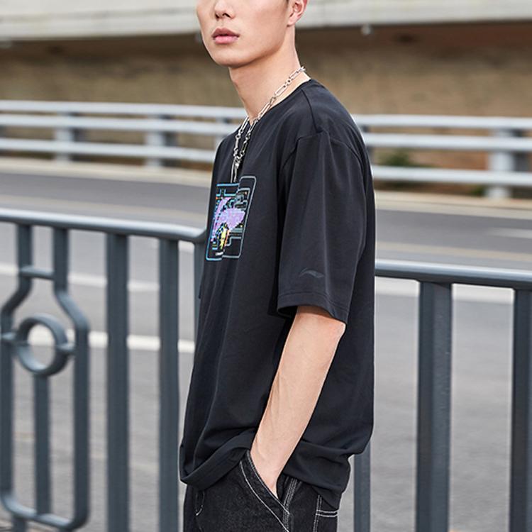 Li-Ning Sports Fashion Series Logo Cartoon Print Loose Round Neck Short Sleeve T-Shirt Unisex Tops Black AHSR340-12