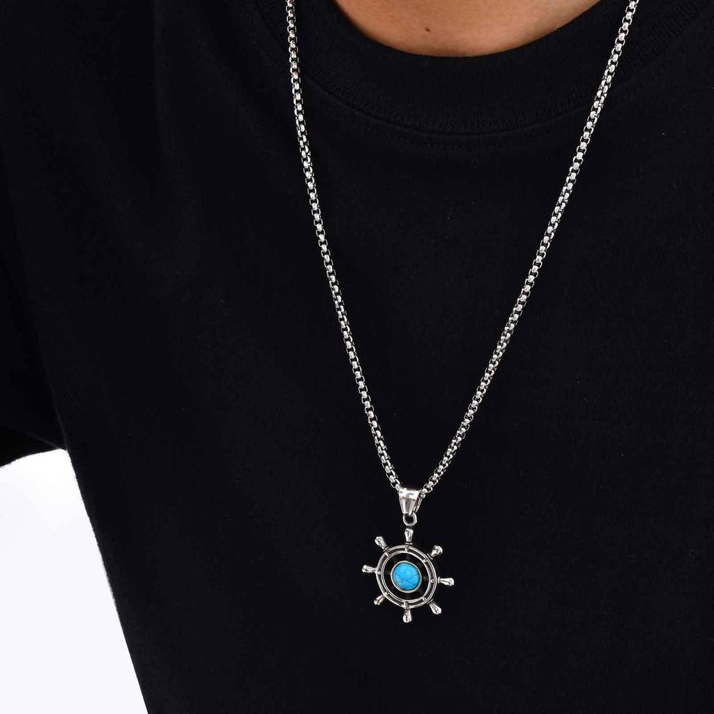 Stainless Steel Rudder Turquoise Necklace for Men,Silver Color Natural Stone Metal Pendant,Trendy Healing Jewelry Gift