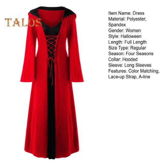 Women Cosplay Dress Dark Style Halloween Party Witch Costume Lace-up Strap Hooded Color Matching Long Horn Sleeves A-line Performance Dress