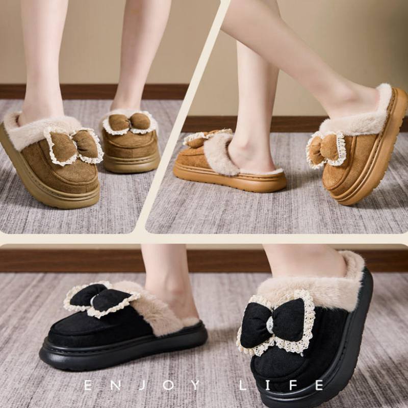 Women's Winter Fluffy Fleece Indoor Sandals Warm Room Fur Bow Slippers for Home Slip On Plush Shoes EVA Lightweight Comfort House Shoes for Bedroom
