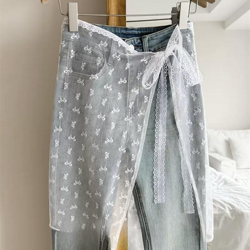 Korean Lace Embroidered Waistband Tulle Skirt with Layered Scarf Accessory