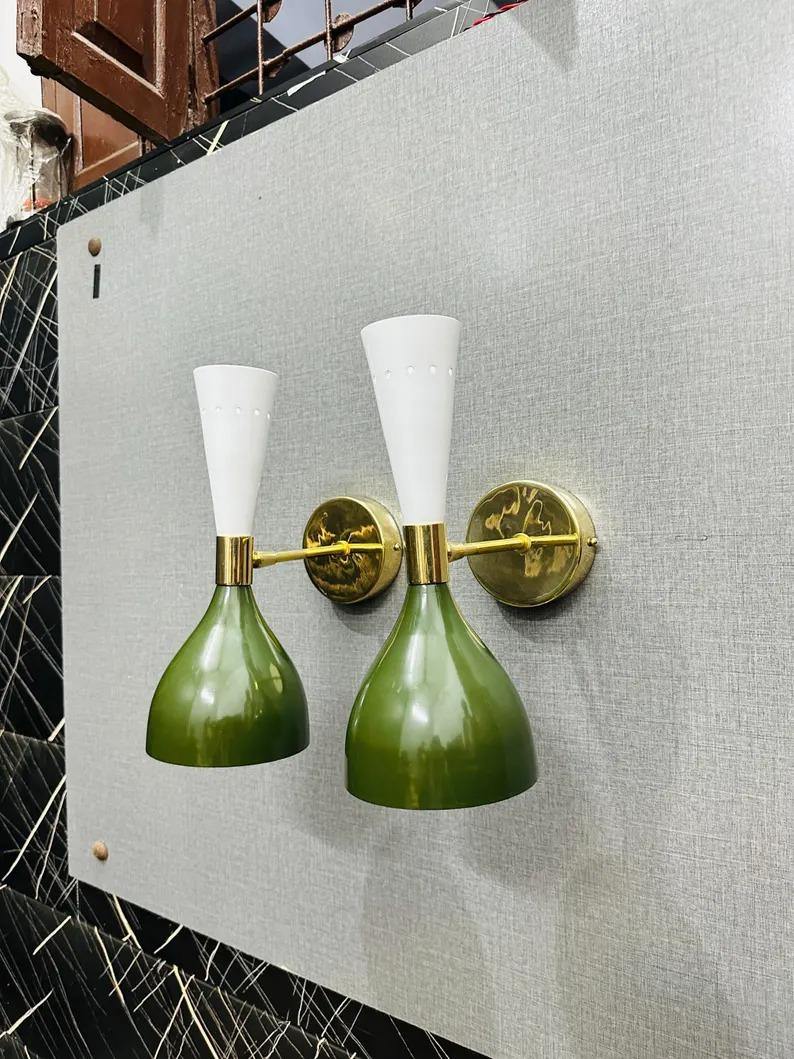 

Handmade Brass Double Cone Sconces: Olive Green & White Vanity Lights зелений