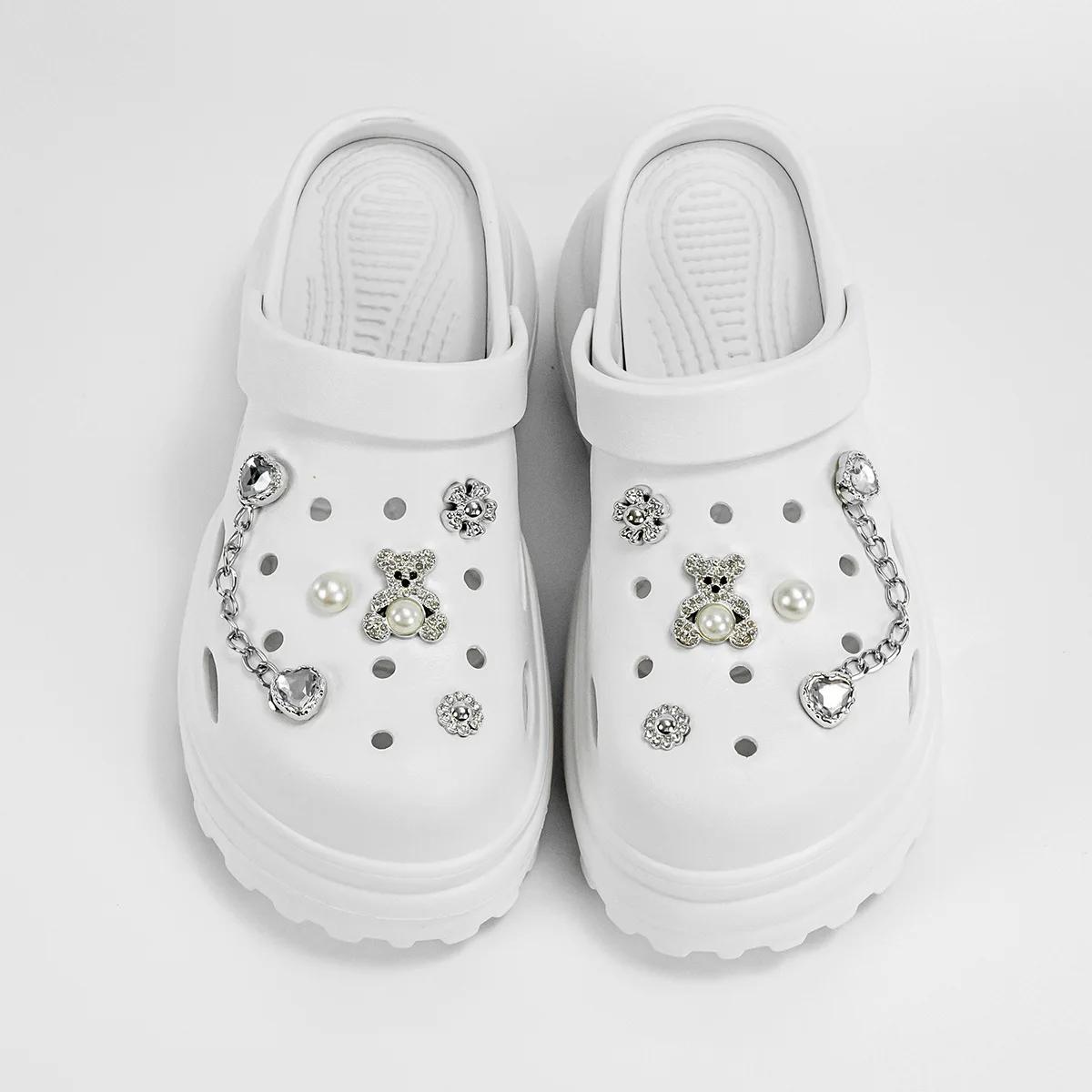 

Блестящие жемчужины, бриллианты, милый медведь, декор, вентилируемые сандалии, шлепанцы, 10 см, уличные пляжные сандалии, летние тапочки для девочек, женская обувь 38-39 белый