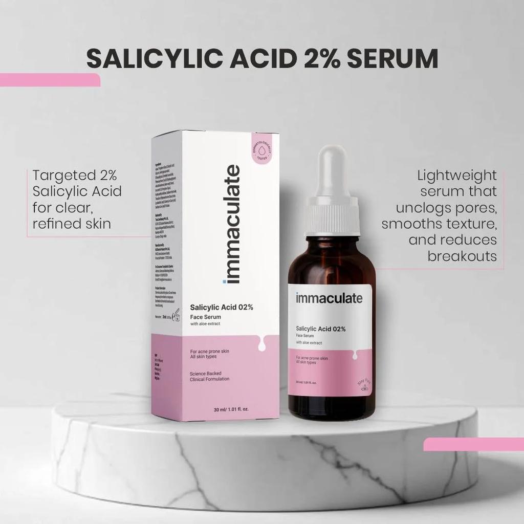 Immaculate Salicylic Acid 2% Face Serum | 30ml | Exfoliating Serum for Oily & Acne-Prone Skin | Helps Unclog Pores, Control Oil & Reduce Blackheads