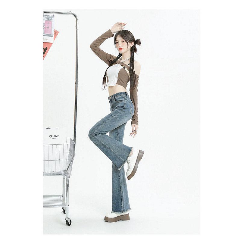 Women's Fashion Slim Fit High Waist Flared Jeans for Petite Figures, Vintage Stretch Frayed Hem Bell Bottom Pants