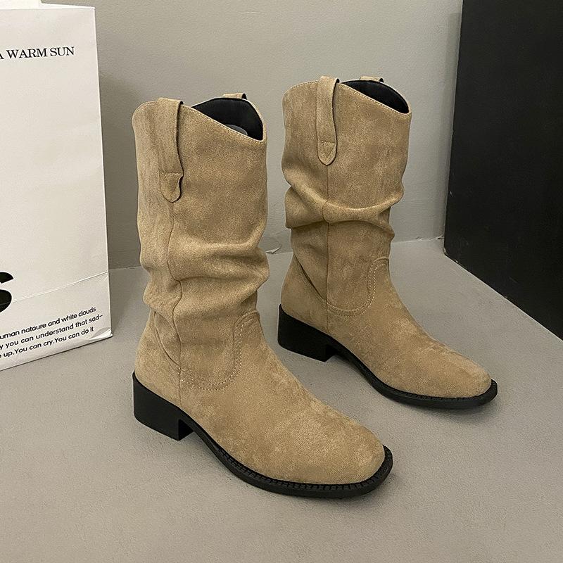 Retro Western Cowboy Boots Women's Autumn and Summer 2025 New Medium Boots Sleeve Stacking Boots Coarse Heel Versatile Martin Boots