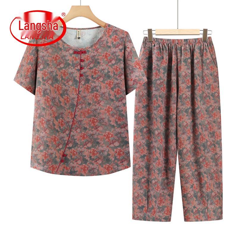Lonsa Women s Plus Size Cotton Linen Printed T-shirt Set 5XL