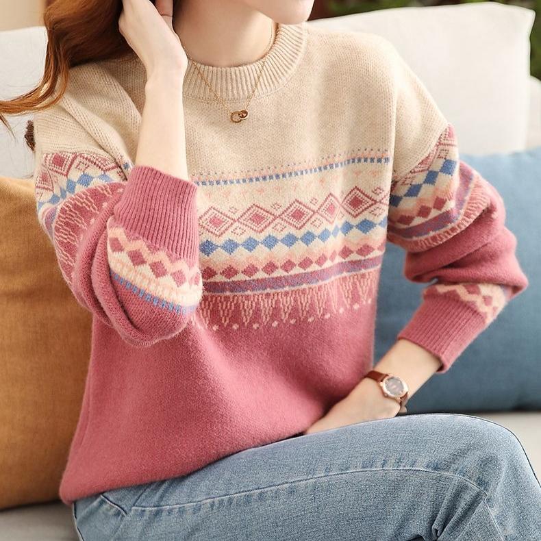 Sweater Women Loose Large-sized Round-neck Pullover for Women Korean-style Retro Color-blocked Knitted Sweater for Autumn and Winter
