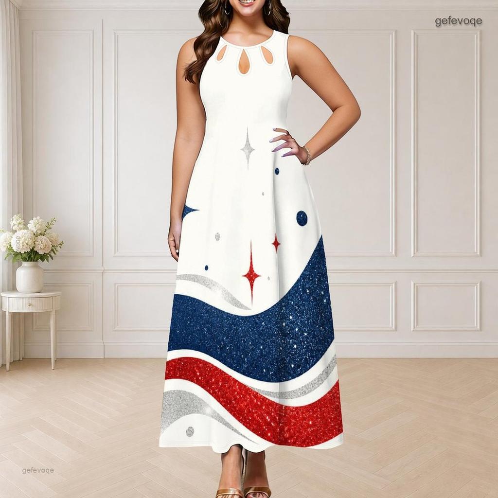 Women Plus Size Round Neck Triple Keyhole Sleeveless Firework Printed Navy Blue Long Dress