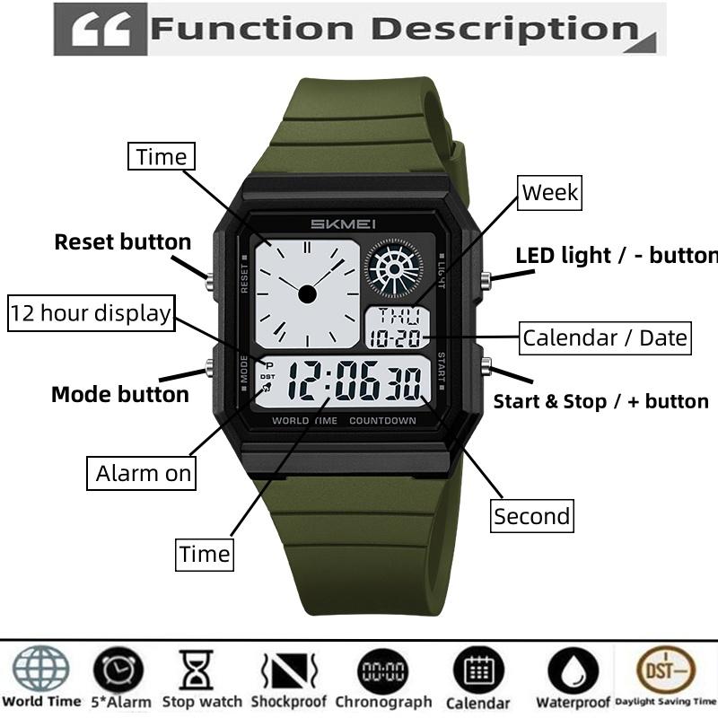 Skmei 5 Alarm Clock Male Military Sports Watches Analog Digital Display Multiple Time Zone Waterproof Swimming Mens Stop Watch
