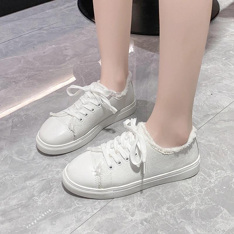 Moda Tenis Damski 2025 Moda Duży Rozmiar Damskie Buty Pojedyncze Wiosna Płaskie Jednolite Kolor Miękka Podeszwa Antypoślizgowe Płócienne Buty Casualowe Trampki