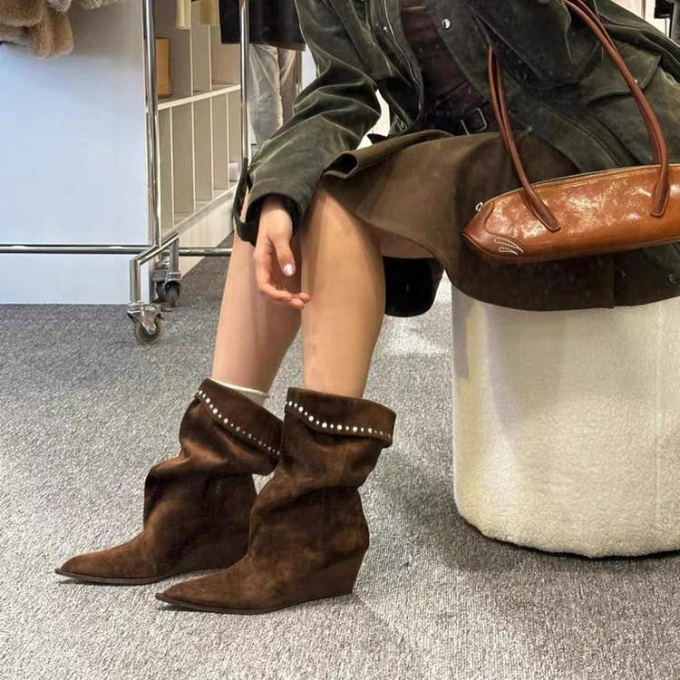 Retro Pointed Heel Turned Stacking Boots Women'S Korean High Heel Rivet Decorative Western Cowboy Boots