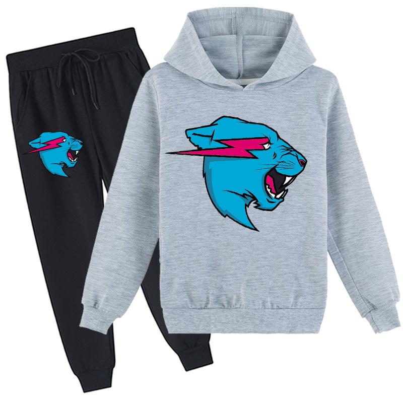 Fashion Mr Beast Lighting Cat Childrens Boys Sweater Cotton Hoodies and Pants Sets