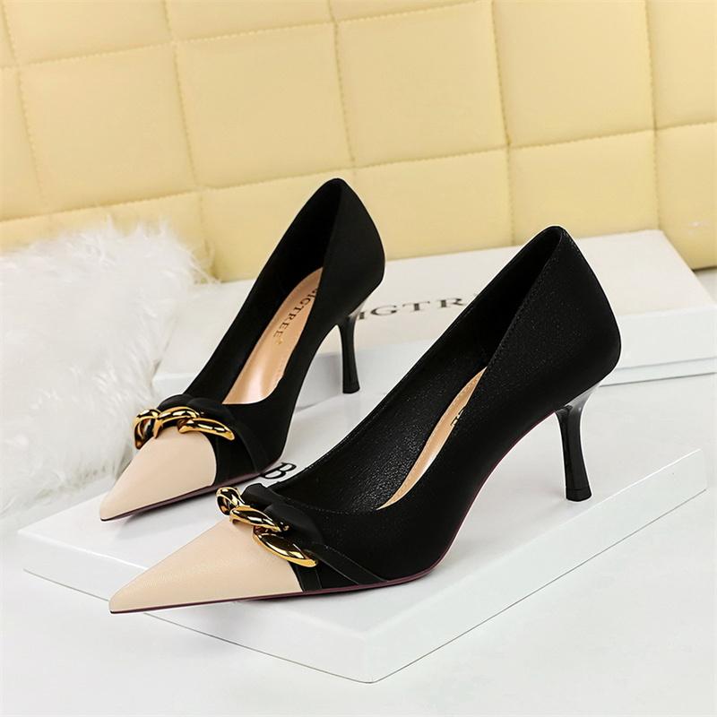 

Fashion Luxury Women Thin High Heel Wedding Shoes Shallow Mouth Patchwork Pointed Toe Metal Chain Fashion Evening Single Shoes 35