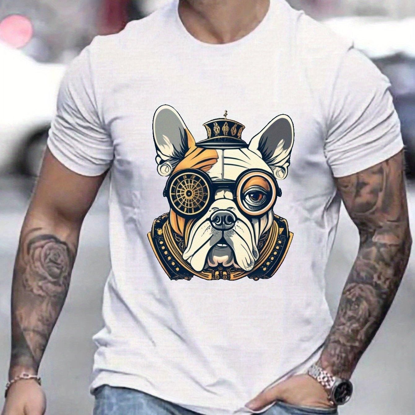 Steampunk Bulldog Print Graphic Tee Men Casual Cotton Short Sleeve Breathable Crewneck TShirt S