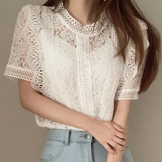 O-neck Short Sleeve Loose Summer Blouse Casual Lace Hollow Out Elegant Shirt Workwear