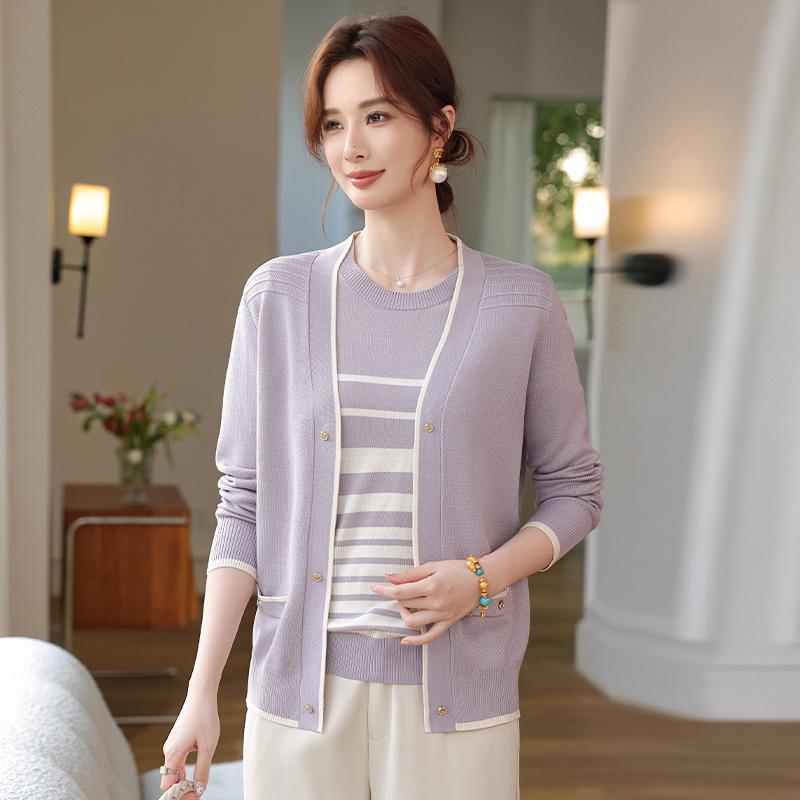 

Stylish Spring Knit Cardigan and Striped Top Two-Piece Set for Middle-Aged & Elderly Women 110 светло-фиолетовый