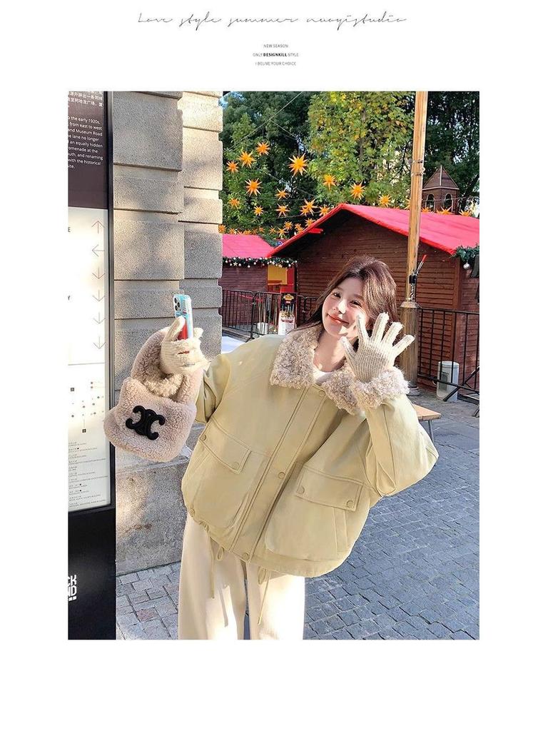 Beige Patchwork Lambswool Lapel Parka with Rabbit Fur - Women's New Winter 2025 Casual Jacket