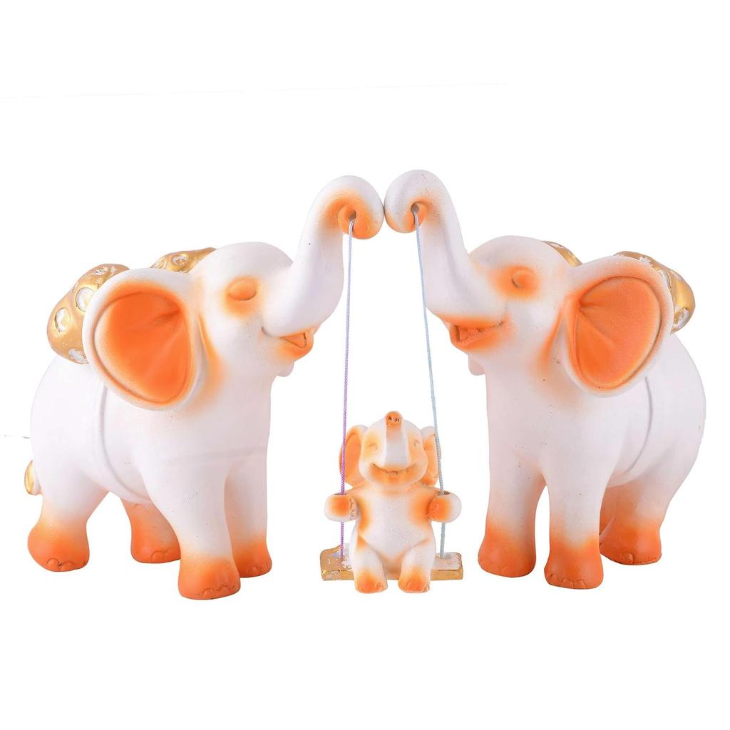 Resin Elephant Showpiece For Home Decoration Item, Table Décor, White & Orange