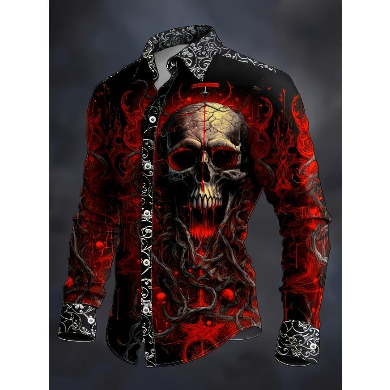 Men's Dark Gothic Style Long-Sleeve Shirt with Skull and Vintage Scrollwork Decorative Pattern, Suitable for Rock Concerts