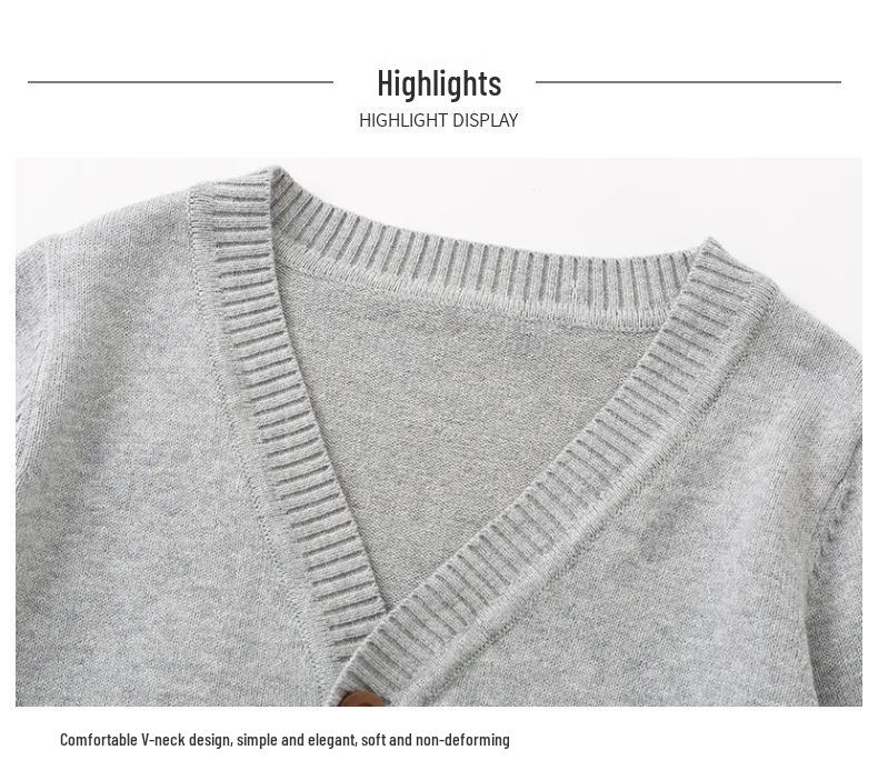 Spring & Autumn Kids' V-neck Knit Cardigan - Boys & Girls School Style Cotton Outerwear