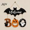 Wall Hanging Party Decoration Halloween BOO Door Sign, Spooky Bat Welcome Wooden Ghost Pumpkin Rustic Board Black Cat Hanger Ornaments for Front